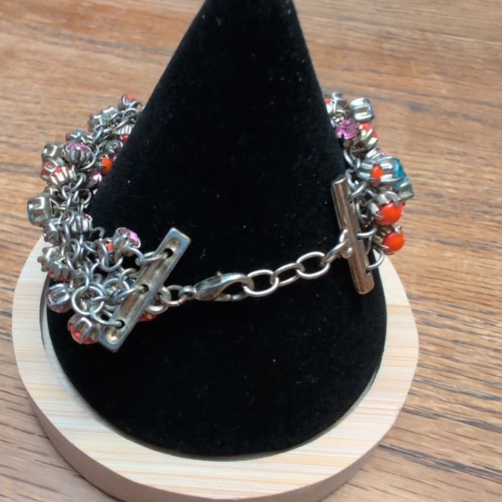 Silver Tone Multi Strand Cluster Bracelet Orange Pink Blue Rhinestone Cabochon - Picture 2 of 3